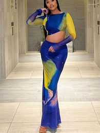 Work Dresses Sexy O Neck Crop Tops And Maxi Skirt 2 Piece Set Woman Fashion Tie Dye Long Sleeve Blouse High Waist Skirts Suits Summer