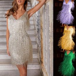 Casual Dresses Deep V-Neck Sleeveless Backless Summer Dress Hip Wrap Stretchy Club Sexy Women Fringed Sequin Stitching Mini Pencil