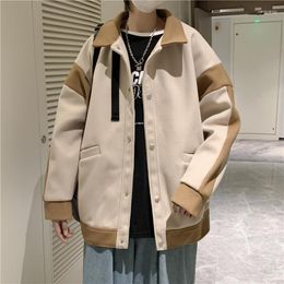 Men's Jackets Spring Autumn Woollen Suit Jacket Loose Retro Long Sleeves Single-breasted Turndown Collar Colour Matching Coats