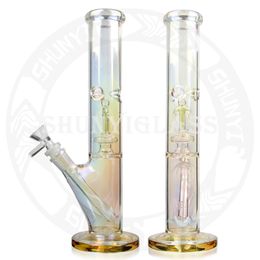 12'' Glass Bong Dab Rig Smoking Water Pipe Hookah Glow in Tne Dark Perc Holographic Rainbow Straight Tube Bongs Oil Rigs Recycler Tobacco Pipes 14 MM Bowl