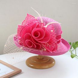 Wide Brim Hats High-quality Philippine Solid Color Linen Rolled Edge Flower Sun Visor Hat Elegant Banquet Top Trendy Sunscreen Basin