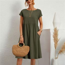 Casual Dresses Women Vintage Solid Dress 2023 Summer Elegant O Neck Short Sleeve Cotton Linen Female Loose Sundress Knee