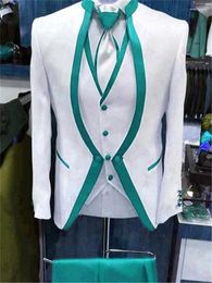 Men's Suits Brand Men Ivory And Turquoise Groom Tuxedos Mandarin Lapel Groomsmen 3 Pieces Set ( Jacket Pants Vest Tie) D384