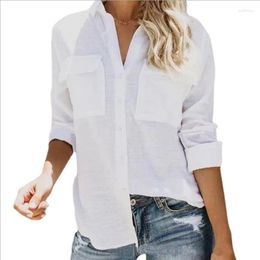 Women's Blouses Button Down Shirts For Women 2023 Summer Roll Up Cuffed White Long Sleeve Blouse V Neck Work Plain Casual Tops With Pockets
