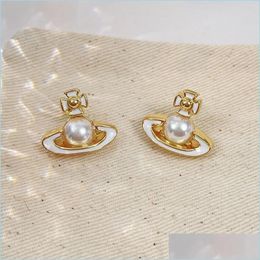 Earring Back Designer Jewellery White Enamel Glaze Pearl Stud Earrings Three-Nsional Small Hoop Planet Ear Studs Drop Delivery Finding Dh6Wi