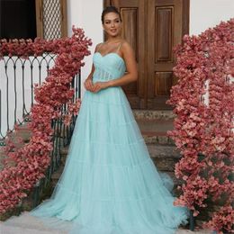 Party Dresses Laxsesu Beach Tulle Evening 2023 Skirt Tiered Wedding Gowns Spaghetti Straps Sky Blue Special Occasion