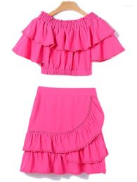 Work Dresses Summer Women's Ruffles Patchwork Slash Neck Top High Waist A-Line Skirt Office Lady Solid Colour Female Two-piece Sets