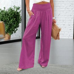 Women's Pants Women Summer Solid Color Wide Leg Lady Elastic Waist Full Length Trousers Soft Pockets Sweatpants