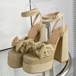 Sandals Runway Style High Heels Women Platform Ankle Buckle Strap Sexy Slides Open Toe Golden Nightclub Shoes 230511