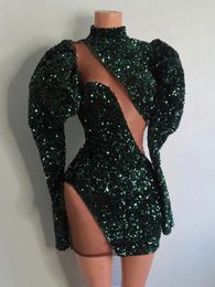 Party Dresses Sexy Fashion Green High Neck Sheath / Column Cocktail Dress Long Sleeve Asymmetrical Mini Length Pleat Sequin