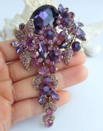 Brooches 4.13" Elegant Purple Rhinestone Crystal Teardrop Brooch Pin Pendant EE06524C3