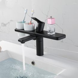 Bathroom Sink Faucets Matte Black Raised Basin Faucet With Shelf Toothbrush Cup Filter Deck Mounted Single Handle Cold Water