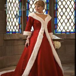 New Long Sleeves Cloak Winter Ball Gown Wedding Dresses Red Warm Formal Dresses For Women Fur Appliques Christmas Gown Jacket 2011273o