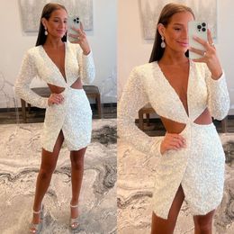 Sexy White Sequins Cocktail Dress Cutaway Sides Long Sleeves Plunging V Neck Short prom dresses mini party homecoming Special Occasion dress