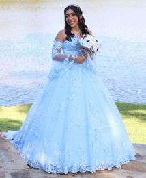 Sweet 16 Abiti Abiti da ballo Gonne Innamorato Azzurro Applique Pizzo Liste Manica lunga Abiti Quinceanera Vestido de 15 anos Quinceanera 2023