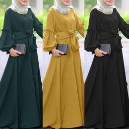 Ethnic Clothing 2023 Women Muslim Robe Dress Solid Colour Long Sleeve Ruffled Dresses Women's Islamic Abaya