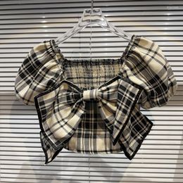 Women's Blouses PREPOMP 2023 Summer Arrival Puff Sleeve Bow Square Collar Plaid Short Blouse Women Top 842