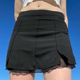 Skirts Korean Fashion Frill Mesh Patchwork Black Mini Skirt Solid Split Casual Bodycon Summer Womens Short Cute 230707