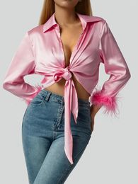 Women's Blouses 2023 Women Shirt Solid Colour Satin 3/4 Sleeve Turn-down Collar Fluffy Cuff Front Tie Club Party Crop Tops With Feathers