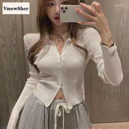 Women's Knits VmewSher Autumn Fashion Knit Basic White Crop Tops Women V-neck T-shirts Solid Office Ladies Sexy Casual Tee Shirts Mujer