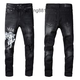 Designer-Herrenjeans Amirs Hosen Trend Amirs Street trendiges Engelsmuster schwarzes Loch elastische enge Jeans #817327o