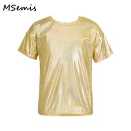 T-shirts Kids Girls Boys Jazz Dance Tops Metallic Shiny Dancing Clothes Hip-hop Sequins Loose Short-sleeved T-shirt Street Dance Clothes 230707