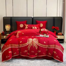 Bedding Sets Egyptian Long Staple Cotton Red Wedding 4/7Pcs Set Gold Bow Love Embroidery Duvet Cover Bed Sheet Pillowcases