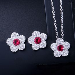 Necklace Earrings Set ThreeGraces Cute Red Cubic Zirconia Crystal Fashion Small Flower Stud And Pendant Jewelry For Ladies JS582