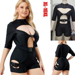 Women's Swimwear Large Size XL-10XL Sexy Solid Swimsuit One Piece Long Sleeves Monokini Black Bodycon Bodysuit Beachwear