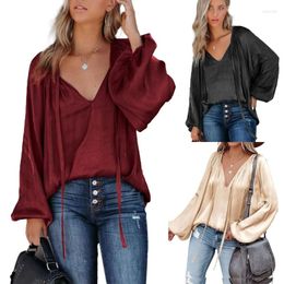 Women's Blouses Casual Loose Tees Shirt Long Sleeve V Neck Tunics Tops Stain T-Shirt