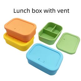 Silicone Lunch Box Bento Box with Vent Travel Outdoors Portable Food Storage Container Kids Lunch Boxes Microwave Oven Rectangular Three-cell Container