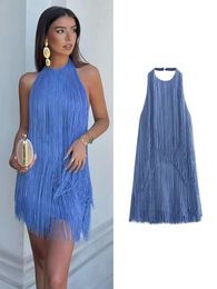 Basic Casual Dresses TRAF Summer Women s Tassel Short Dress 2023 Solid Color A line Sleeveless Neck mounted Large Backless High class Mini 230707