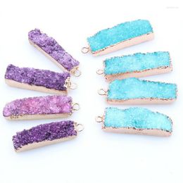 Pendant Necklaces 1PC Charm Natural Stone Pendants Pink Purple Blue Druzy Rectangle Gold Plate Quartz Irregular Geode For Necklace