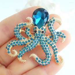 Brooches Golden 1.77 Inch Unique Octopus Brooch Pin Pendant Blue Rhinestone Crystal EE083C7