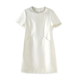 2023 Summer White Solid Colour Dress Short Sleeve Round Neck Knee-Length Casual Dresses W3L045802