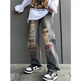 Men's Jeans Foufurieux Men High Waist Vintage Straight Baggy Pants Hippie Streetwear Design Fashion Wide Leg Denim Ripped Trouser