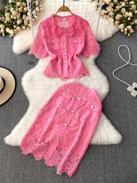 Women's Tracksuits HIGH STREET Est 2023 Designer Runway Suit Set Lapel Single Breasted Hollowed Out Lace Shirt Waisted Skirt