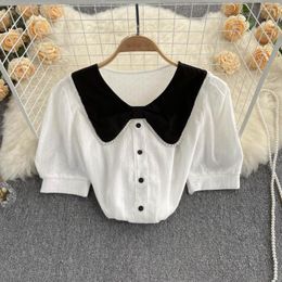 Women's Blouses 2023 Arrival Women Short Sleeve Chiffon Vintage Elegant Pearls Bow Turn-DOwn Collar Shirts Korean Chic Blusas Mujer