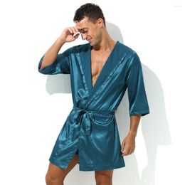 Men's Sleepwear Sexy Men Robes Bathrobes Soft Silky Short Sleeve Nightgown Mens Homewear Dressing Gown Male Pajamas (No Shorts)