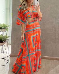 Basic Casual Dresses Geometric Print Plunge Batwing Sleeve Maxi Dress Women Long Loose Hollow Out Sexy Floral V Neck High Waist Summer 230706