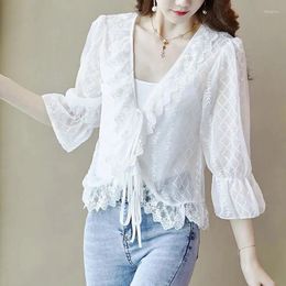 Women's Blouses Temperament Jacket Embroidered Chiffon Shirt Women's Summer 2023 Fashion V Neck Half Sleeve Small Loose Ladies Shawl