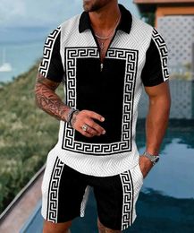 Mens Tracksuits Summer Men Polo Shirt Short Sleeve 3D Printed Luxury Retro Set Shirts Trun Down Collar Tracksuit Casual Suit 2 Pieces Sets 230707