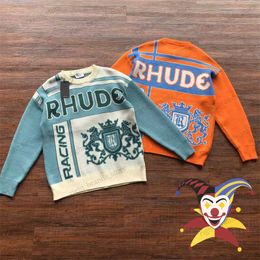 Men's Sweaters Orange Jacquard Rhude Sweater Men Women Casual O-Neck Sweatshirts T230707