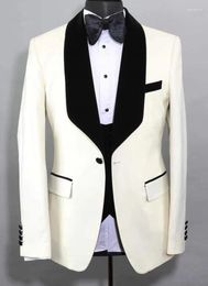 Men's Suits Est Groomsmen Dark Ivory Groom Tuxedos Shawl Black Velvet Lapel Men Wedding Man ( Jacket Pants Vest Tie ) C621