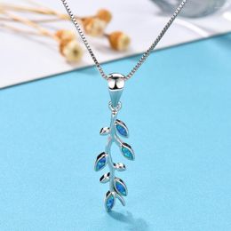 Pendant Necklaces Cute Plant Tree Leaf Blue White Fire Opal For Women Silver Colour Dainty Womens Wedding Party Choker Jewellery