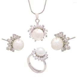 Necklace Earrings Set Noble Romantic White Shell Beads Bride Wedding Jewelry Female Flower Ring Dress Accessories Bridesmaid