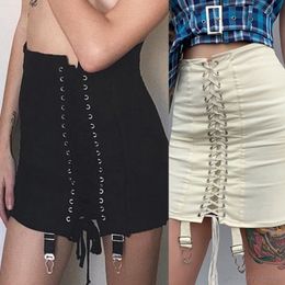 Skirts Women High Waist Criss-Cross Lace-Up Front Bodycon Mini Pencil Skirt with Garter Belt Harajuku Solid Pleated Package Wholesales 230707