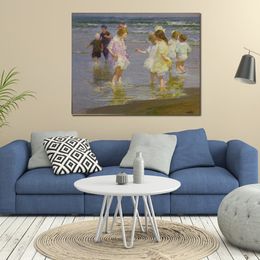 Handmade Edward Henry Potthast Canvas Art for Modern Room family wall decor - Children's Beach Wading Seascape