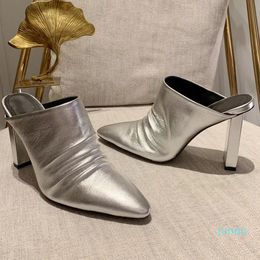 slippers satin folding high-heeled shoes crystal embellishment evening shoes 9.5cm square high-heeled sandals female leather luxury designer ankle strap