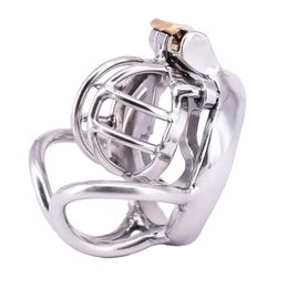 Stainless Steel Male Chastity Cage with Anti-off Ring Short Metal Cockring Curved Testicle Restraints Gear Chastity Devices